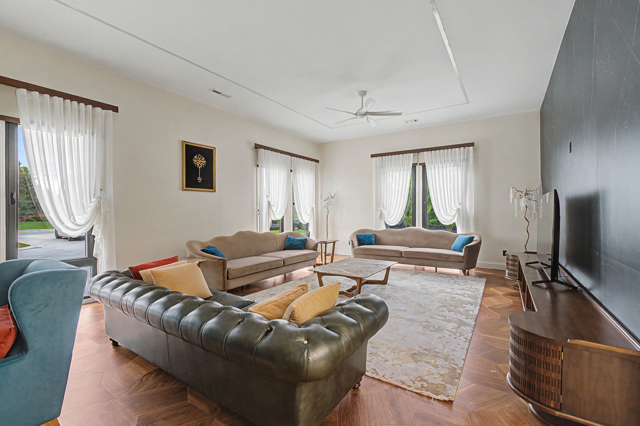 Great room with dramatic stone walls