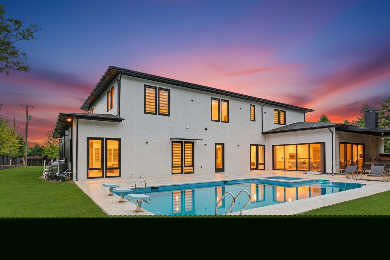 1670 Old Atlanta Road illuminated at sunset with pool
